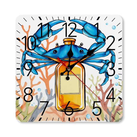RKSupls 10×10inch Square Silent Wall Clock Wooden Frame, Blue Crab Bottle Scale Decorative Clock for Home Bedroom Living Room Office