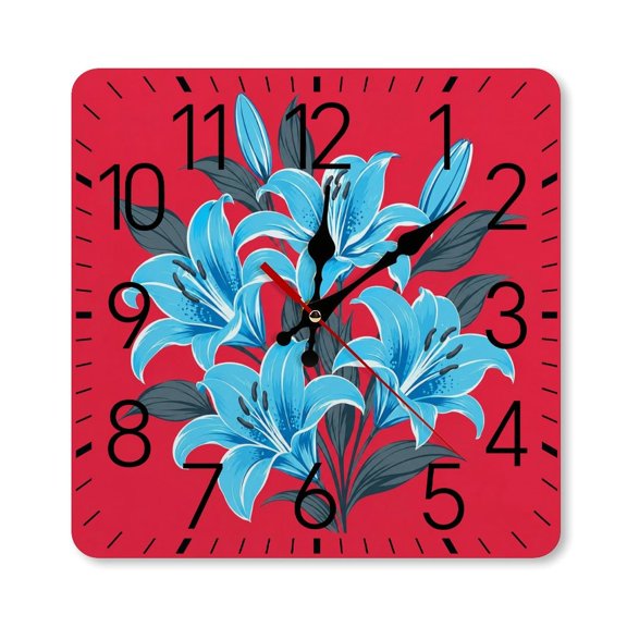 RKSupls 1010inch Square Silent Wall Clock Wooden Frame, Blue Lilies Red Background Vector Art Scale Decorative Clock for Home Bedroom Living Room Office