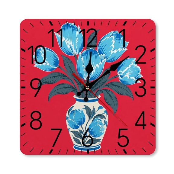 RKSupls 1010inch Square Silent Wall Clock Wooden Frame, Blue Tulips Vase Red Background Vector Scale Decorative Clock for Home Bedroom Living Room Office