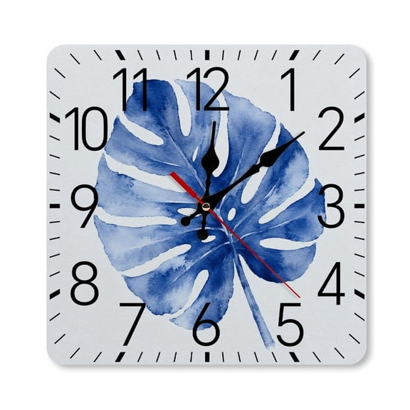 RKSupls 10×10inch Square Silent Wall Clock Wooden Frame, Blue Watercolor Monstera Leaf Scale Decorative Clock for Home Bedroom Living Room Office