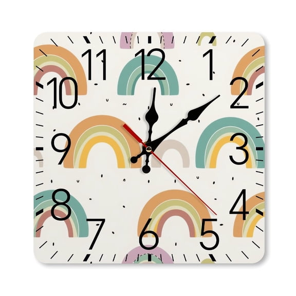 RKSupls 10×10inch Square Silent Wall Clock Wooden Frame, Boho Rainbow Pattern Scale Decorative Clock for Home Bedroom Living Room Office