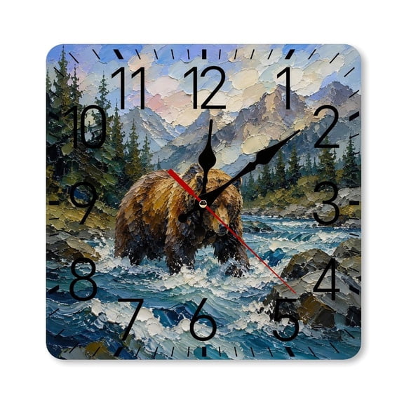 RKSupls 1010inch Square Silent Wall Clock Wooden Frame, Brown Bear Crossing River Scale Decorative Clock for Home Bedroom Living Room Office