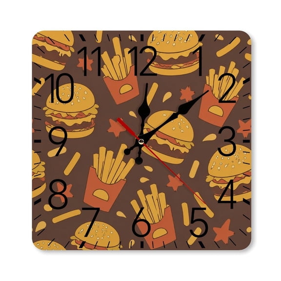 RKSupls 10×10inch Square Silent Wall Clock Wooden Frame, Burger Fries Retro Brown Pattern Scale Decorative Clock for Home Bedroom Living Room Office