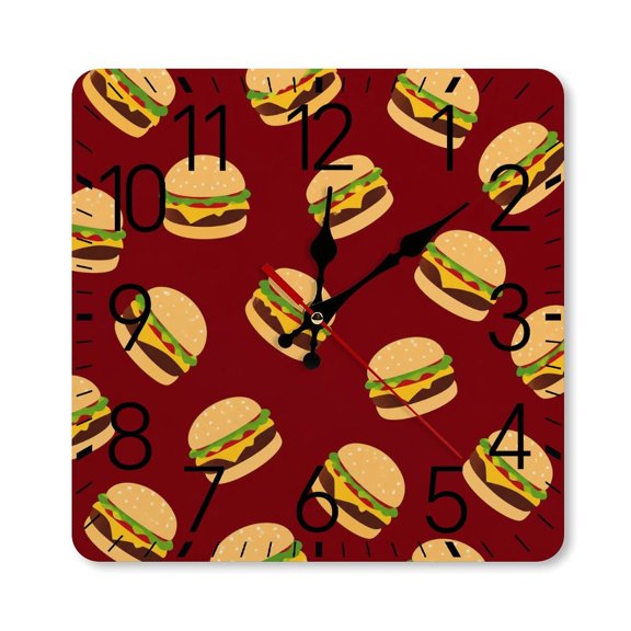 RKSupls 1010inch Square Silent Wall Clock Wooden Frame, Burger Maroon Pattern Scale Decorative Clock for Home Bedroom Living Room Office
