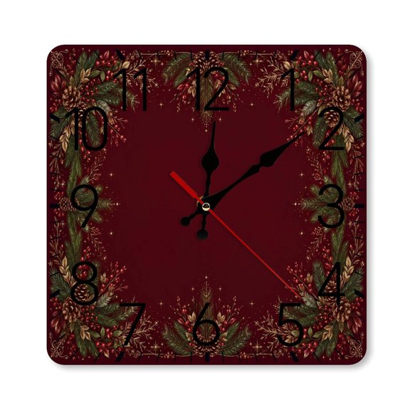 RKSupls 1010inch Square Silent Wall Clock Wooden Frame, Burgundy Pine Cone Berry Christmas Scale Decorative Clock for Home Bedroom Living Room Office