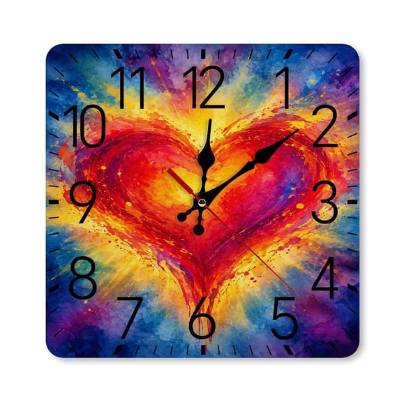 RKSupls 10×10inch Square Silent Wall Clock Wooden Frame, Burning Heart Watercolor.png Scale Decorative Clock for Home Bedroom Living Room Office