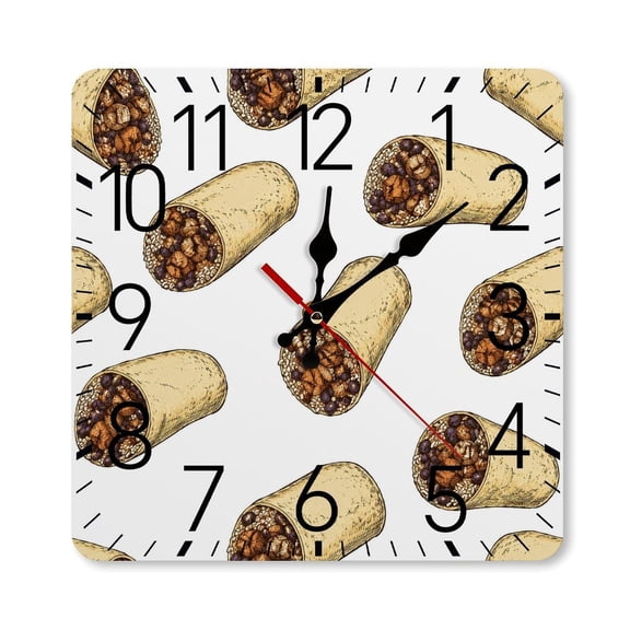 RKSupls 10×10inch Square Silent Wall Clock Wooden Frame, Burrito Cross Section Pattern Scale Decorative Clock for Home Bedroom Living Room Office