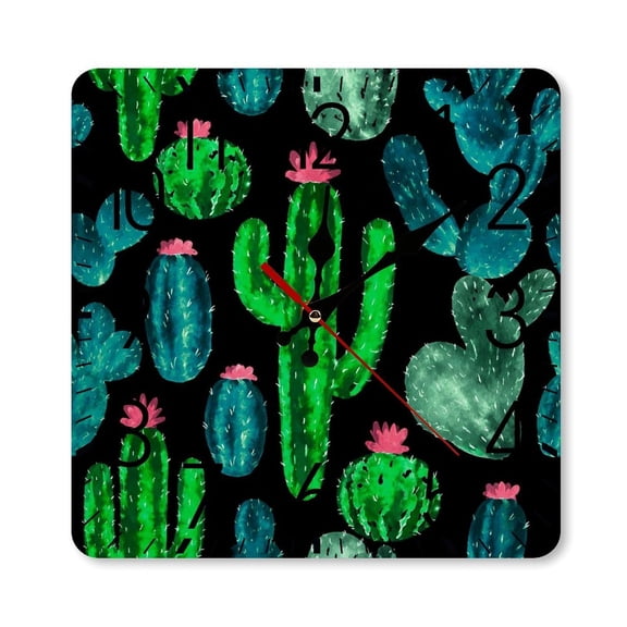 RKSupls 10×10inch Square Silent Wall Clock Wooden Frame, Cactus Garden Scale Decorative Clock for Home Bedroom Living Room Office