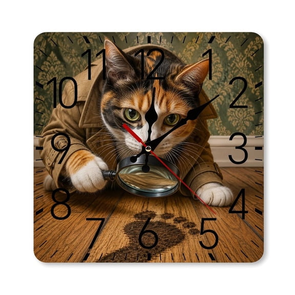 RKSupls 10×10inch Square Silent Wall Clock Wooden Frame, Calico Cat Detective Magnifying Glass Scale Decorative Clock for Home Bedroom Living Room Office