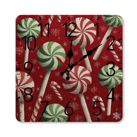 RKSupls 1010inch Square Silent Wall Clock Wooden Frame, Candy Canes Lollipops Red Scale Decorative Clock for Home Bedroom Living Room Office