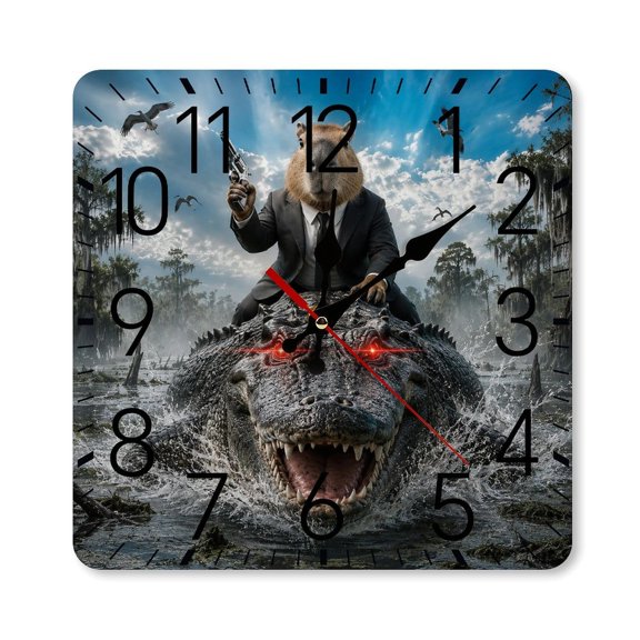 RKSupls 1010inch Square Silent Wall Clock Wooden Frame, Capybara Suit Alligator Swamp Scale Decorative Clock for Home Bedroom Living Room Office