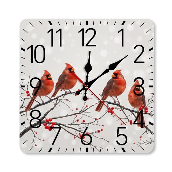 RKSupls 10×10inch Square Silent Wall Clock Wooden Frame, Cardinal Red Berry Scale Decorative Clock for Home Bedroom Living Room Office