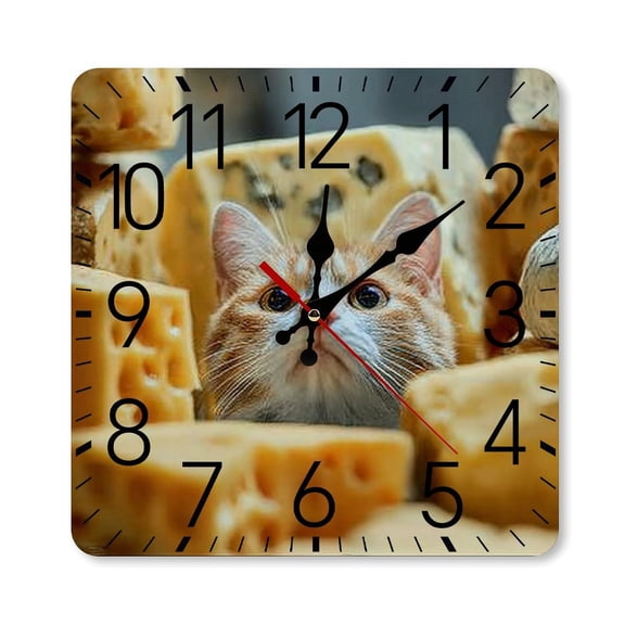 RKSupls 10×10inch Square Silent Wall Clock Wooden Frame, Cat Cheese Blocks Scale Decorative Clock for Home Bedroom Living Room Office