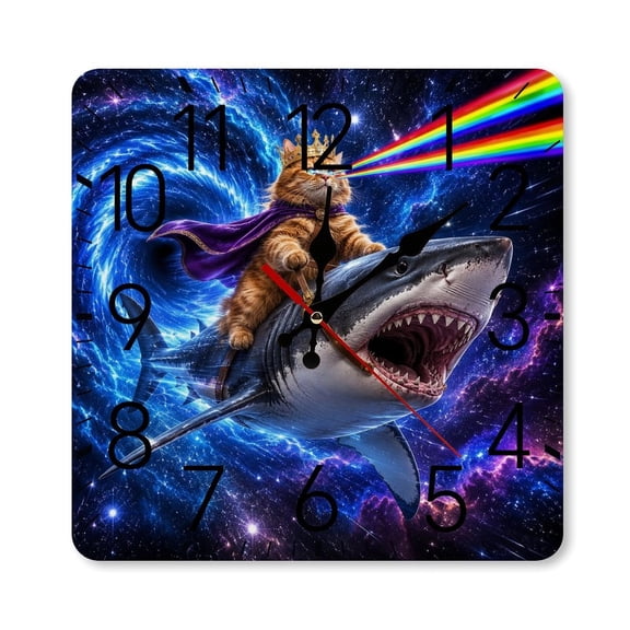 RKSupls 1010inch Square Silent Wall Clock Wooden Frame, Cat King Riding Space Shark With Rainbow Beam Scale Decorative Clock for Home Bedroom Living Room Office