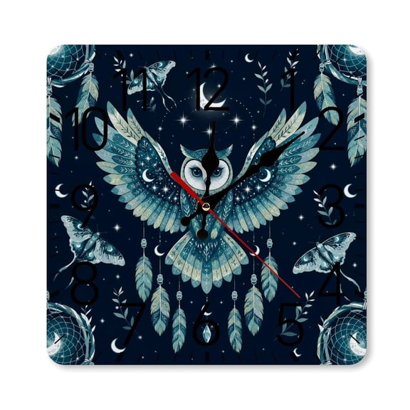 RKSupls 1010inch Square Silent Wall Clock Wooden Frame, Celestial Owl Dreamcatcher Pattern Scale Decorative Clock for Home Bedroom Living Room Office
