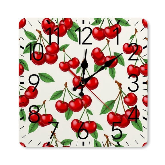 RKSupls 10×10inch Square Silent Wall Clock Wooden Frame, Cherry Pattern Red Fruit Scale Decorative Clock for Home Bedroom Living Room Office