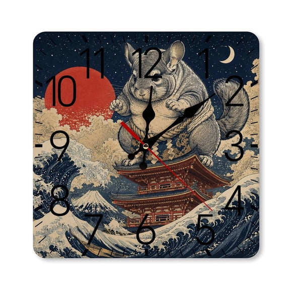 RKSupls 1010inch Square Silent Wall Clock Wooden Frame, Chinchilla Sumo Wrestler On Pagoda Roof Scale Decorative Clock for Home Bedroom Living Room Office
