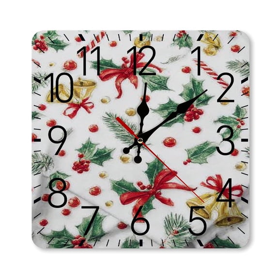 RKSupls 10×10inch Square Silent Wall Clock Wooden Frame, Christmas Holly Bells Pattern Scale Decorative Clock for Home Bedroom Living Room Office
