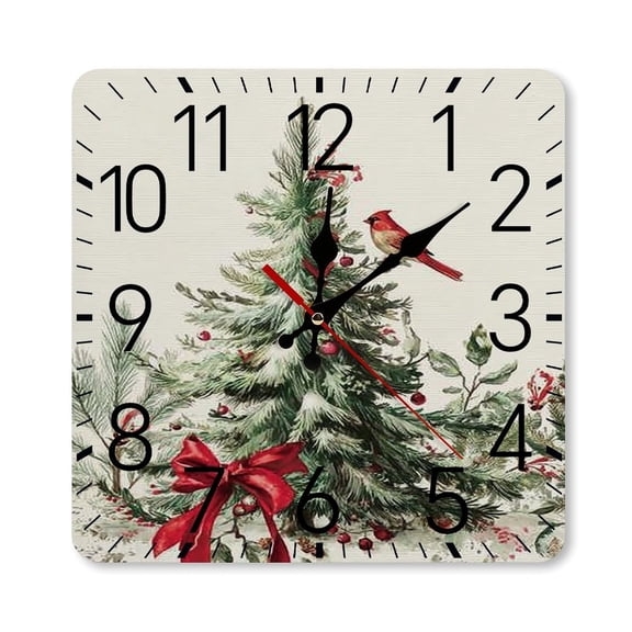 RKSupls 10×10inch Square Silent Wall Clock Wooden Frame, Christmas Tree Cardinal Scale Decorative Clock for Home Bedroom Living Room Office