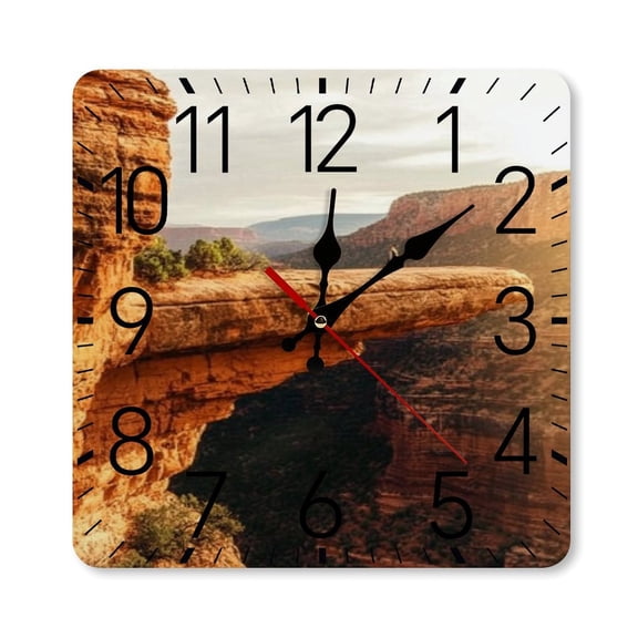 RKSupls 10×10inch Square Silent Wall Clock Wooden Frame, Cliff Canyon Sunset Explorer Scale Decorative Clock for Home Bedroom Living Room Office