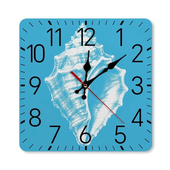 RKSupls 10×10inch Square Silent Wall Clock Wooden Frame, Coastal Conch Shell Print Scale Decorative Clock for Home Bedroom Living Room Office