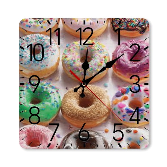 RKSupls 10×10inch Square Silent Wall Clock Wooden Frame, Colorful Donuts Sprinkles Scale Decorative Clock for Home Bedroom Living Room Office