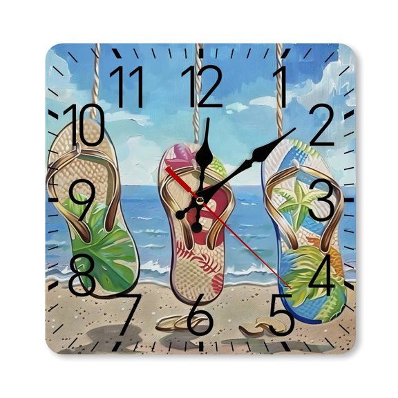 RKSupls 1010inch Square Silent Wall Clock Wooden Frame, Colorful Flip Flops Beach Tropical Scale Decorative Clock for Home Bedroom Living Room Office