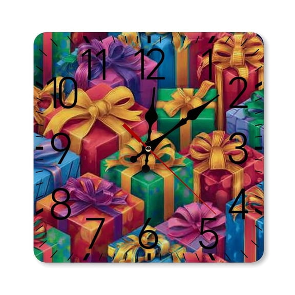 RKSupls 10×10inch Square Silent Wall Clock Wooden Frame, Colorful Gift Boxes Scale Decorative Clock for Home Bedroom Living Room Office