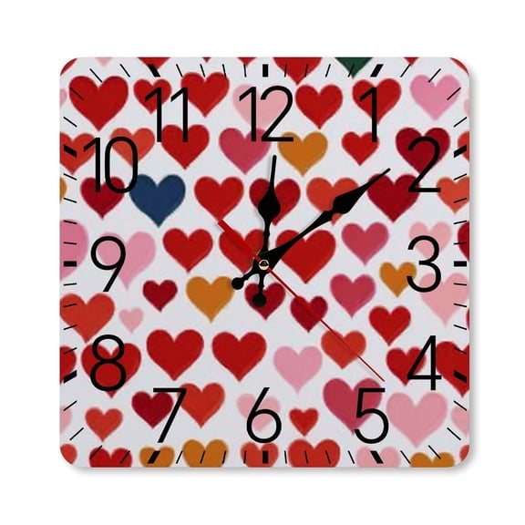RKSupls 10×10inch Square Silent Wall Clock Wooden Frame, Colorful Hearts Pattern Scale Decorative Clock for Home Bedroom Living Room Office