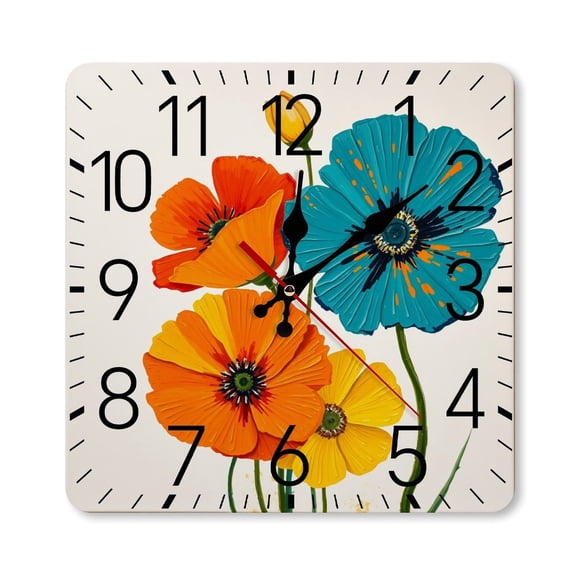 RKSupls 10×10inch Square Silent Wall Clock Wooden Frame, Colorful Poppy Flowers Scale Decorative Clock for Home Bedroom Living Room Office