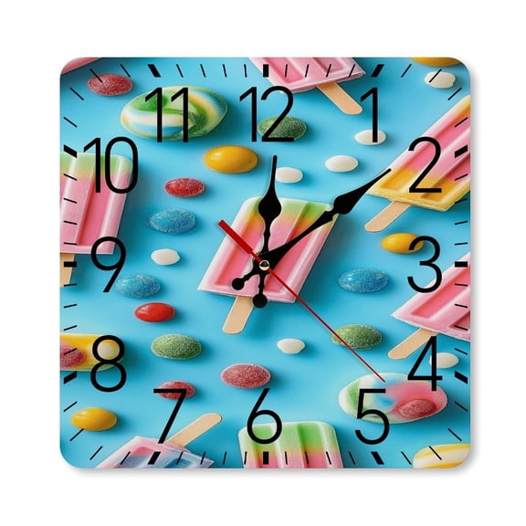 RKSupls 10×10inch Square Silent Wall Clock Wooden Frame, Colorful Popsicles Candy Scale Decorative Clock for Home Bedroom Living Room Office