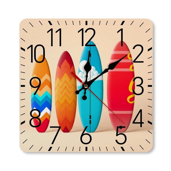 RKSupls 10×10inch Square Silent Wall Clock Wooden Frame, Colorful Surfboard Beach Scale Decorative Clock for Home Bedroom Living Room Office