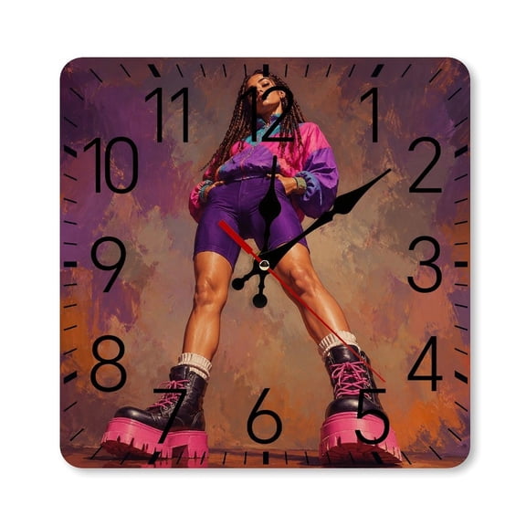 RKSupls 1010inch Square Silent Wall Clock Wooden Frame, Confident Manin Leather Jacket Scale Decorative Clock for Home Bedroom Living Room Office