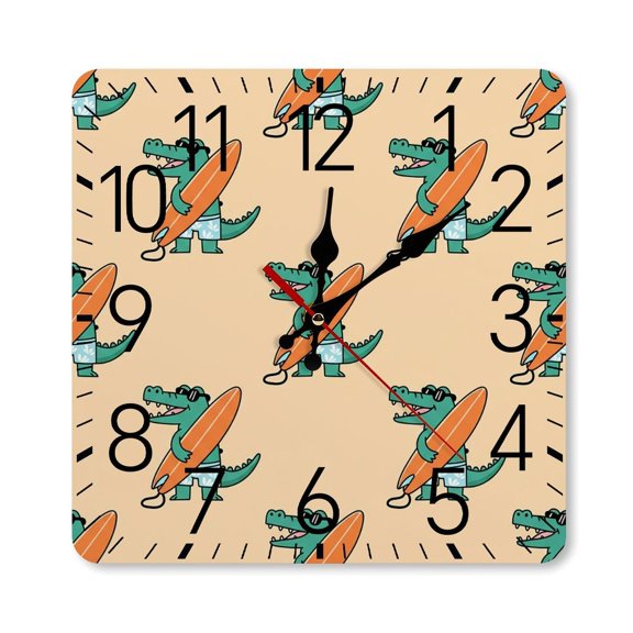 RKSupls 1010inch Square Silent Wall Clock Wooden Frame, Cool Gator Surfer Summer Seamless Pattern Scale Decorative Clock for Home Bedroom Living Room Office