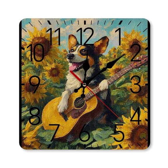 RKSupls 10×10inch Square Silent Wall Clock Wooden Frame, Corgi Guitar Sunflowers Scale Decorative Clock for Home Bedroom Living Room Office