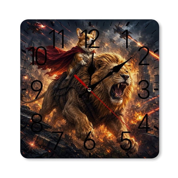 RKSupls 1010inch Square Silent Wall Clock Wooden Frame, Corgi Superhero Riding Lion Scale Decorative Clock for Home Bedroom Living Room Office