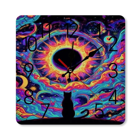 RKSupls 1010inch Square Silent Wall Clock Wooden Frame, Cosmic Cat Psychedelic Art Scale Decorative Clock for Home Bedroom Living Room Office