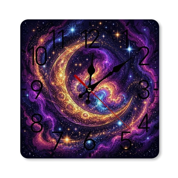 RKSupls 10×10inch Square Silent Wall Clock Wooden Frame, Cosmic Crescent Moon Galaxy Nebula Scale Decorative Clock for Home Bedroom Living Room Office