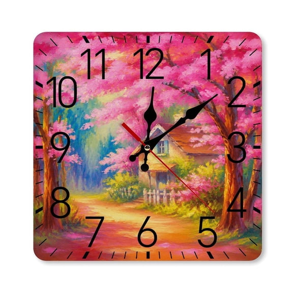 RKSupls 1010inch Square Silent Wall Clock Wooden Frame, Cottage Among Blooming Cherry Trees Scale Decorative Clock for Home Bedroom Living Room Office