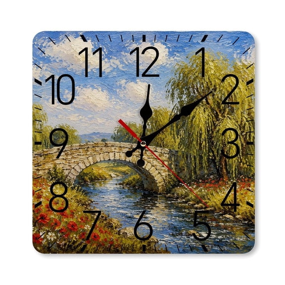 RKSupls 10×10inch Square Silent Wall Clock Wooden Frame, Countryside Meadow Windmill Scale Decorative Clock for Home Bedroom Living Room Office