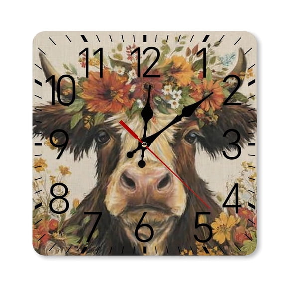 RKSupls 10×10inch Square Silent Wall Clock Wooden Frame, Cow Flower Crown Scale Decorative Clock for Home Bedroom Living Room Office