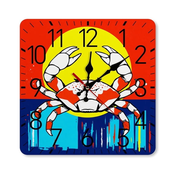 RKSupls 10×10inch Square Silent Wall Clock Wooden Frame, Crab Pop Art Colorful Scale Decorative Clock for Home Bedroom Living Room Office