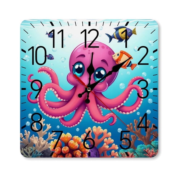 RKSupls 10×10inch Square Silent Wall Clock Wooden Frame, Cute Pink Octopus Underwater Scale Decorative Clock for Home Bedroom Living Room Office