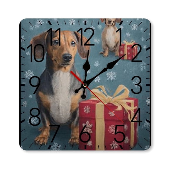 RKSupls 10×10inch Square Silent Wall Clock Wooden Frame, Dachshund Gifts Snowflakes Scale Decorative Clock for Home Bedroom Living Room Office