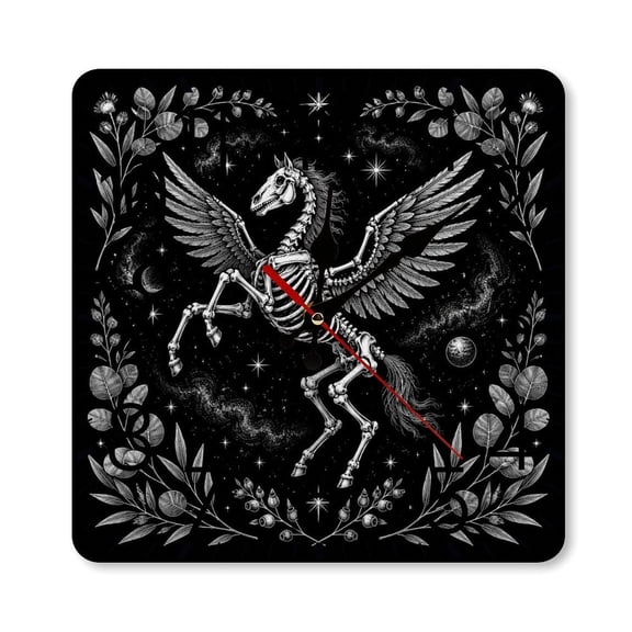 RKSupls 1010inch Square Silent Wall Clock Wooden Frame, Dark Pegasus Skeleton Stars Scale Decorative Clock for Home Bedroom Living Room Office