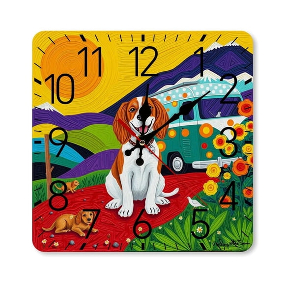 RKSupls 1010inch Square Silent Wall Clock Wooden Frame, Dog Camper Van Mountain Art Scale Decorative Clock for Home Bedroom Living Room Office