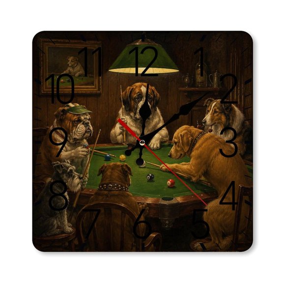 RKSupls 1010inch Square Silent Wall Clock Wooden Frame, Dogs Playing Billiards Vintage Oil Painting Scale Decorative Clock for Home Bedroom Living Room Office