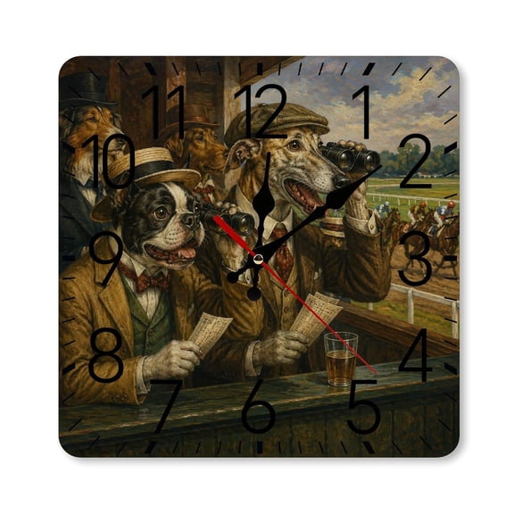 RKSupls 1010inch Square Silent Wall Clock Wooden Frame, Dogs Watching Horse Race Vintage Oil Painting Scale Decorative Clock for Home Bedroom Living Room Office