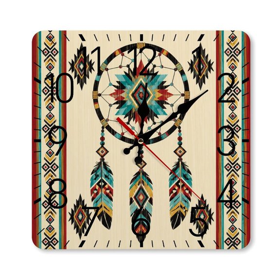 RKSupls 1010inch Square Silent Wall Clock Wooden Frame, Dreamcatcher Feather Tribal Decor Scale Decorative Clock for Home Bedroom Living Room Office