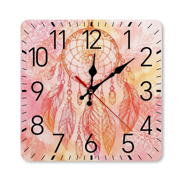 RKSupls 1010inch Square Silent Wall Clock Wooden Frame, Dreamcatcher Floral Warm Scale Decorative Clock for Home Bedroom Living Room Office